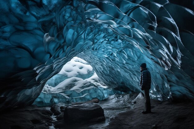 Man exploring an amazing glacial cave in Iceland