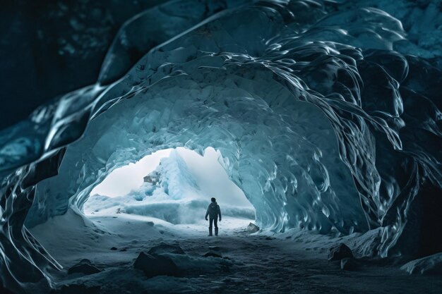 Man exploring an amazing glacial cave in Iceland