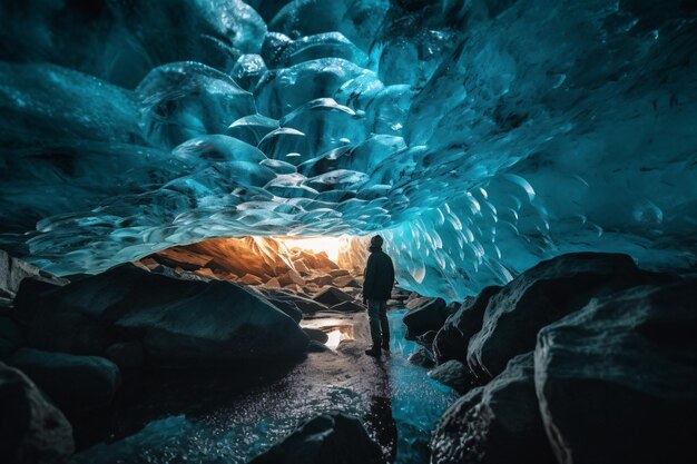 Man exploring an amazing glacial cave in Iceland