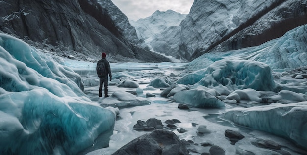 Man exploring an amazing glacial cave in Iceland