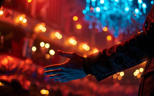 Man extends his hand to the audience at concert