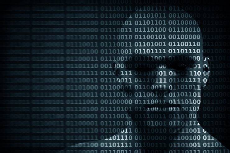 Photo man face blended with binary code digits concept of hacker coding programming data protection etc 3d rendering