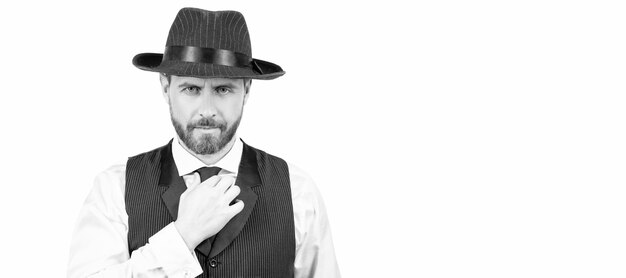 Man face portrait banner with copy space formal businessman isolated on white confident and handsome guy in hat