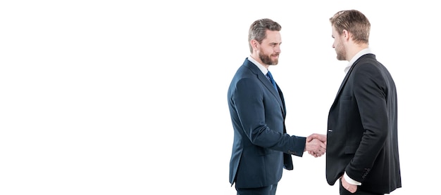 Photo man face portrait banner with copy space two men shaking hands businessmen on meeting boss