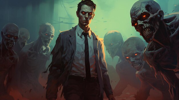 Photo the man facing a zombie group digital art style