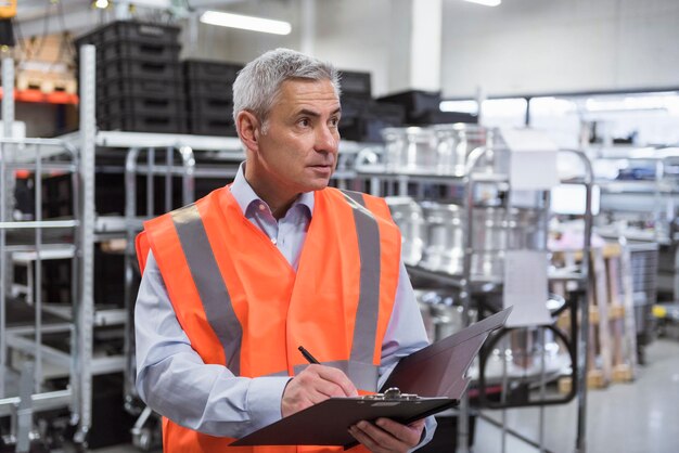 Man in factory hall wearing safety vest holding clipboard