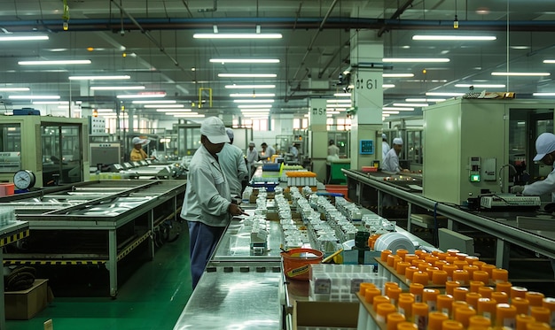 a man in a factory with a number of oranges on the side of him