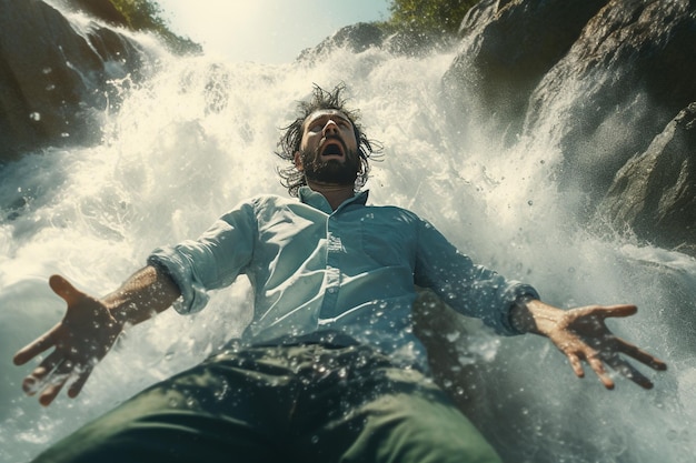 Фото Человек, падающий с водопада с людьми generative ai
