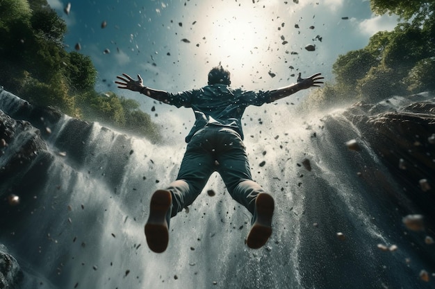 Man falling from a waterfall with the persons Generative ai