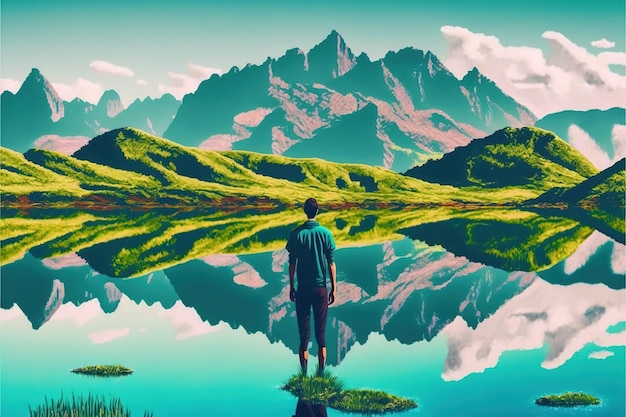 Man in fantasy landscape looking at the distant green mountains A young man is standing on a rock digital art style illustration painting