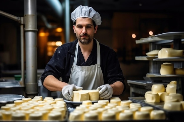 A man farmer checks the readiness of his homemade cheese The cheese matures in the farmer's basement Homemade cheese production Natural product