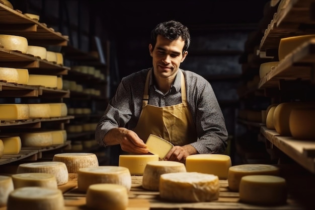 Мужчина-фермер проверяет готовность домашнего сыра. Сыр созревает в фермерском подвале. Производство домашнего сыра. Натуральный продукт.