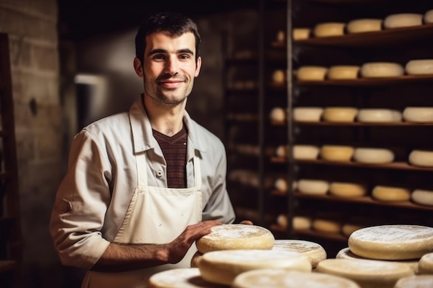 A man farmer checks the readiness of his homemade cheese The cheese matures in the farmer's basement Homemade cheese production Natural product