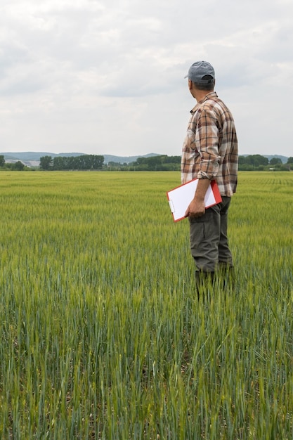 Man farmer controlled his field and writing notes