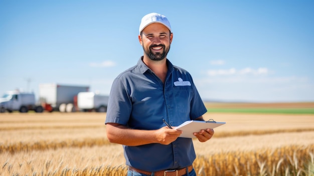 Man farmer in hat walking the field of wheat and using tablet computer Agricultural concept