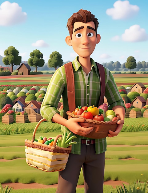 Man Farmer Holding Basket Of Vegetables 3D cartoon Style
