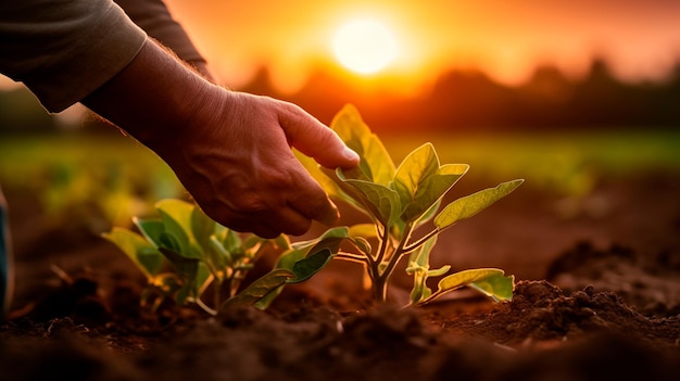 写真 日没時に緑の植物と手を繋いでいる男性農家農業園芸と農業のコンセプト生成ai