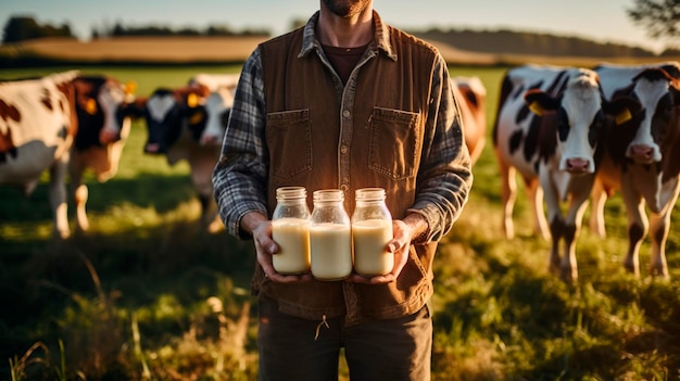 男の農夫が手に牛乳を握っている 生成的なAI食品