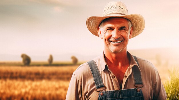 Man farmer straw hat standing farmland smiling