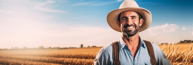 Man farmer straw hat standing farmland smiling