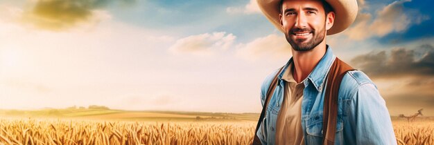 Man farmer straw hat standing farmland smiling