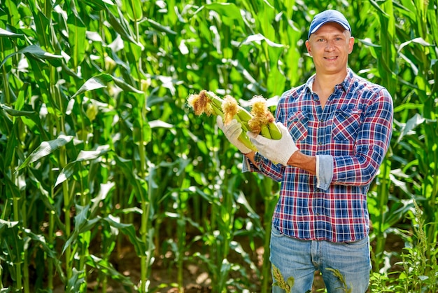 Man farmer with a crop of corn.