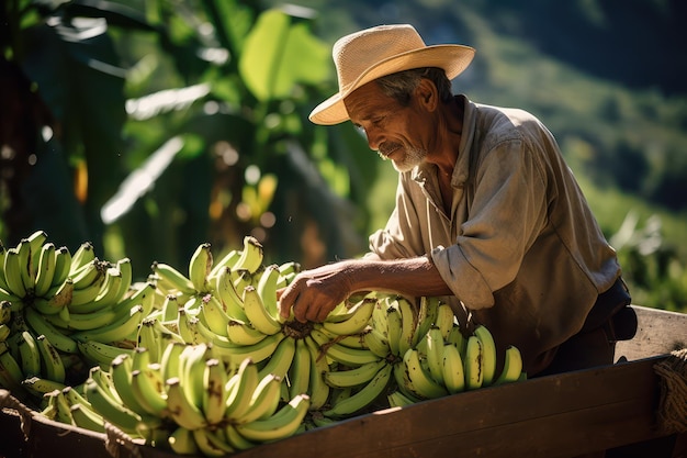 Lavoratore agricolo che raccoglie e classifica le banane in giardino prodotti biologici distribuzione di alimenti occupazione