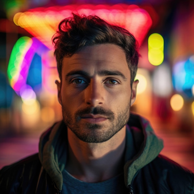 Man fashion portrait on abstract colorful background Male model looking at camera neon colored lighting Created with Generative AI