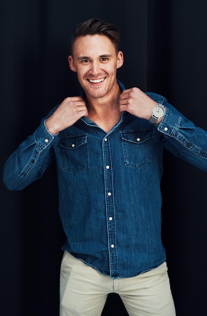 Man fashion and stylish clothes on black background or studio mockup for clothing brand marketing style vlog or Canada advertising Portrait smile and happy model with trendy cool or relax shirt