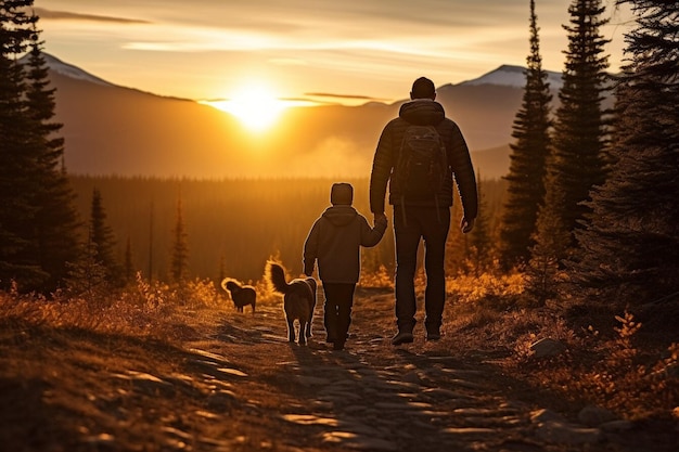 A man father backpacker traveling and hiking with his small son and pet dog They standing on the peak of mountain and looking at the beautiful landscape view