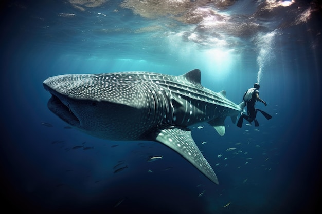 A man fearlessly swims side by side with a massive whale in the vast expanse of the open ocean whale shark and underwater photographer ai generated