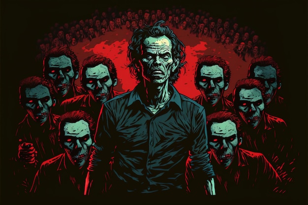 Man feat zombie horde The man facing a zombie group Digital art style illustration painting