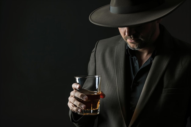 Man in a fedora hat holding a glass of whiskey