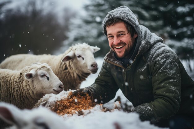 Photo man feeding sheep on winter farm