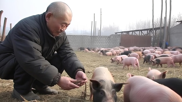 中国の野原で豚に餌をやる男性