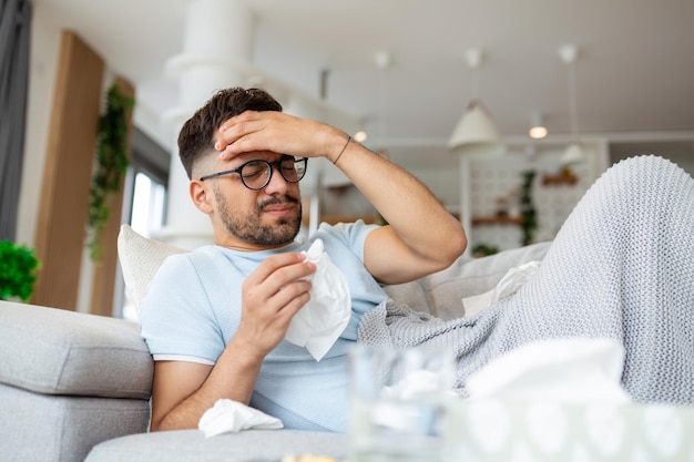 Uomo malato sdraiato sul letto e guardando il termometro uomo malato sdraiato sul divano controllando la sua temperatura sotto una coperta a casa in soggiorno