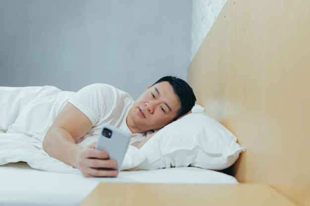 The man fell asleep the alarm clock did not work in time the\
asian is annoyed and angry not asleep turns off the alarm clock on\
the phone