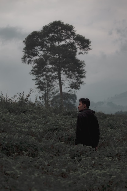 Photo man on field in forest against sky