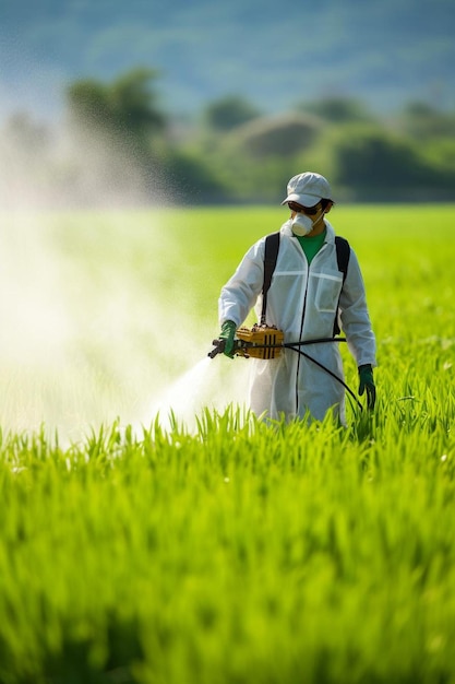 Мужчина в поле распыляет пестициды