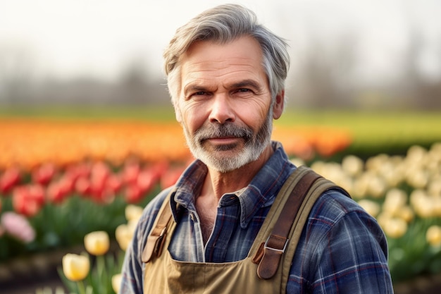 Foto un uomo in un campo di tulipani