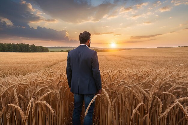 A man in a field of wheat looks at the sunset