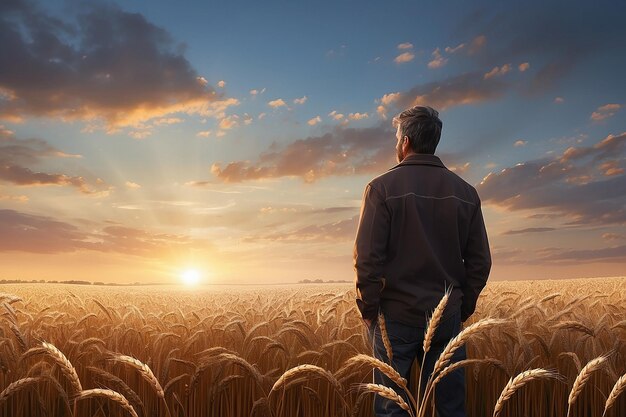 A man in a field of wheat looks at the sunset