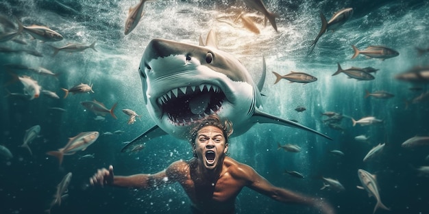 A man fights for his life as a relentless shark launches a ferocious attack during his swim in the open sea Generative AI