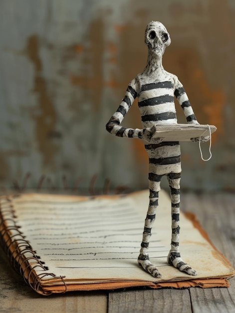 a man figurine is standing next to his notebook