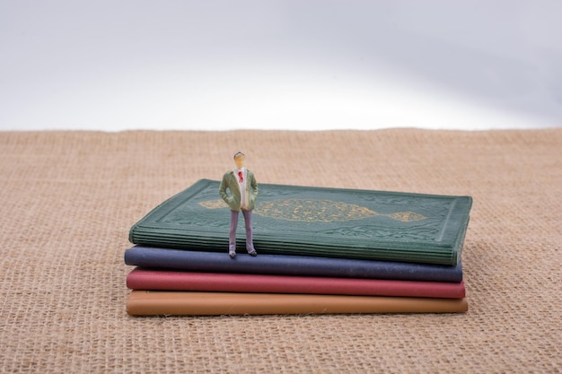 Photo man figurine standing on little books