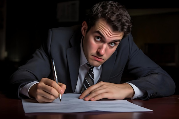 Man filling out a loan application form with a concerned expression