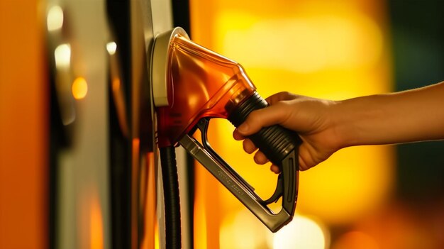 Foto l'uomo riempie la sua auto arancione di benzina alla pompa della stazione di servizio per riempire l'auto di carburante