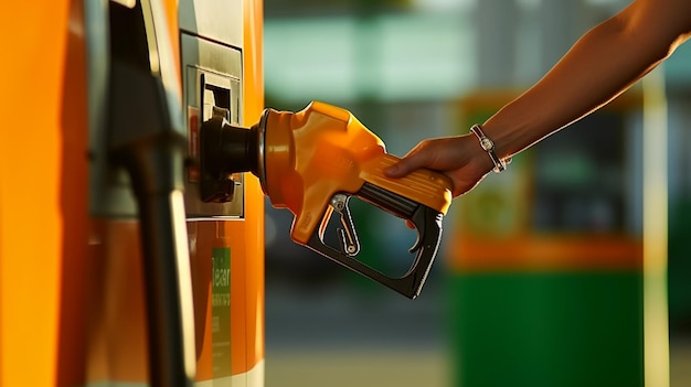 Man fills up his orange car with a gasoline at gas station gas station pump to fill car with fuel