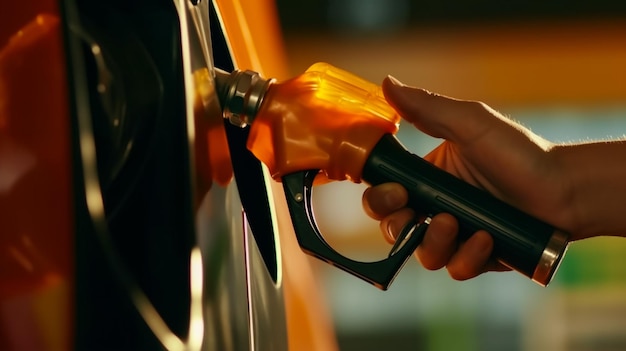 Мужчина заполняет свою оранжевую машину бензином на бензоколонке, чтобы заполнить машину топливом.
