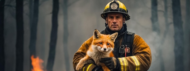 man firefighter holds a rescued fox in her arms wildlife